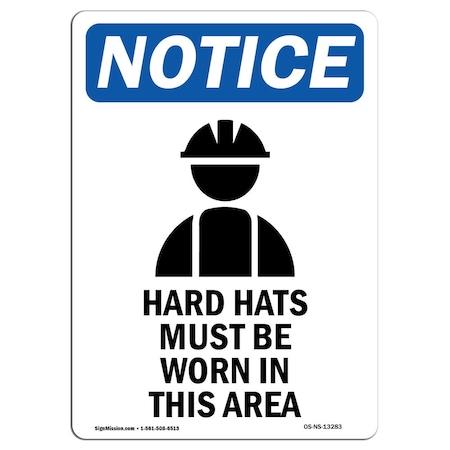 OSHA Notice Sign, Hard Hats Must Be With Symbol, 10in X 7in Aluminum